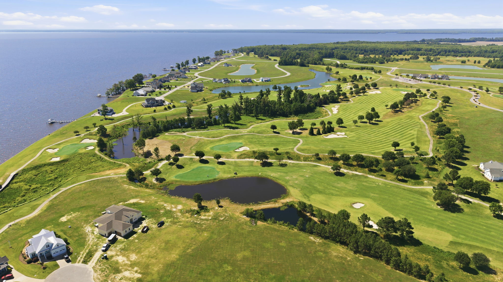 Aerial view of Occano's golf course and waterfront homes along the Albemarle Sound